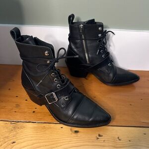 ALLSAINTS Women’s 38 | 8 KATY Black Leather Lace Up Moto Combat Boots Point Toe